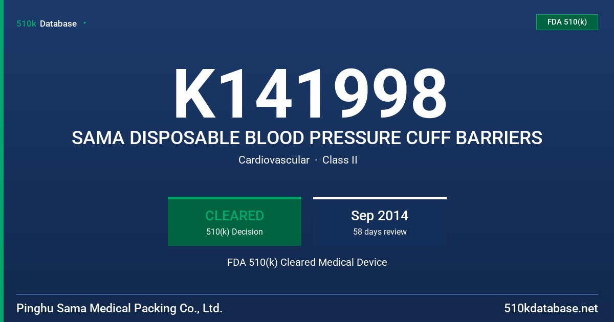 K141998 SAMA DISPOSABLE BLOOD PRESSURE CUFF BARRIERS FDA 510(k) Cleared Medical Device