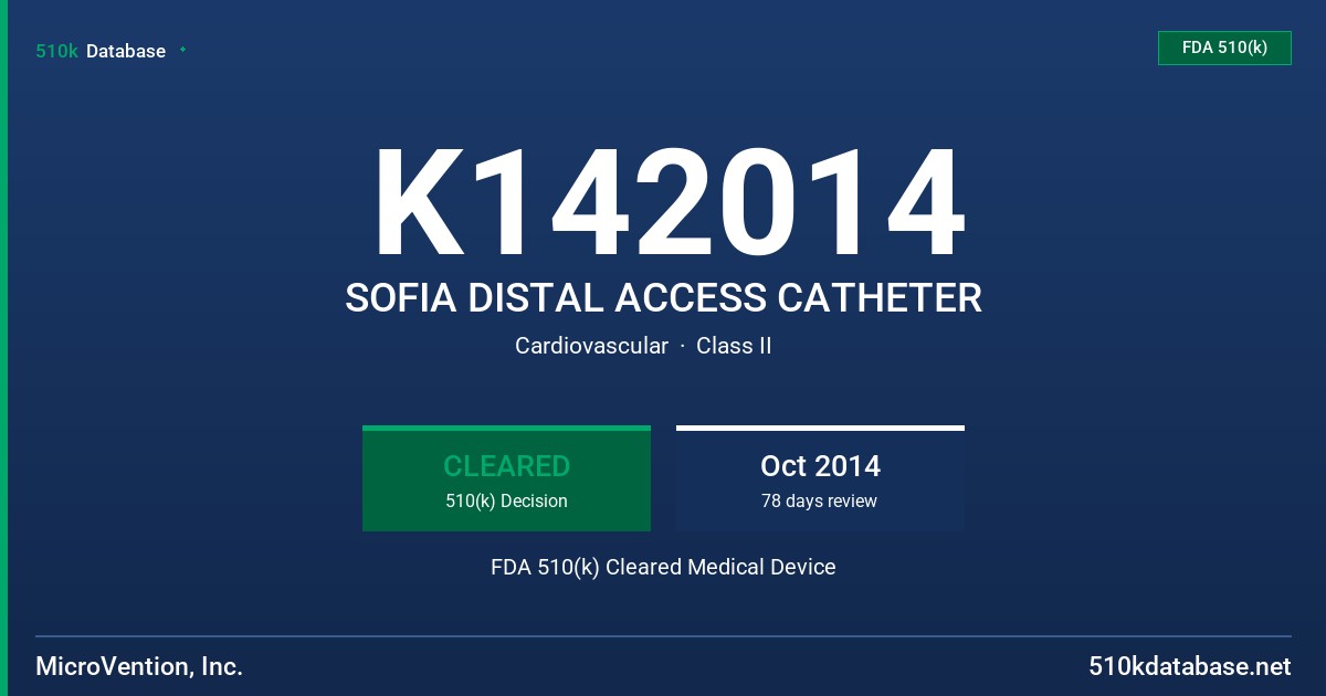 K142014 SOFIA DISTAL ACCESS CATHETER FDA 510(k) Cleared Medical Device