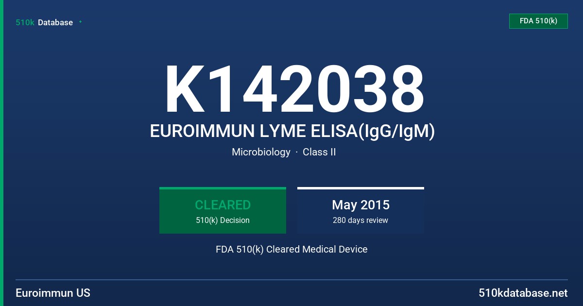 K142038 EUROIMMUN LYME ELISA(IgG/IgM) FDA 510(k) Cleared Medical Device