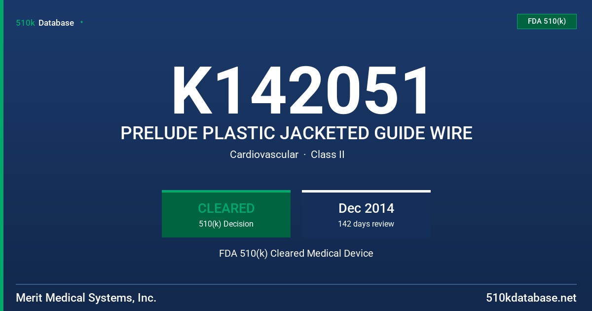 K142051 PRELUDE PLASTIC JACKETED GUIDE WIRE FDA 510(k) Cleared Medical Device