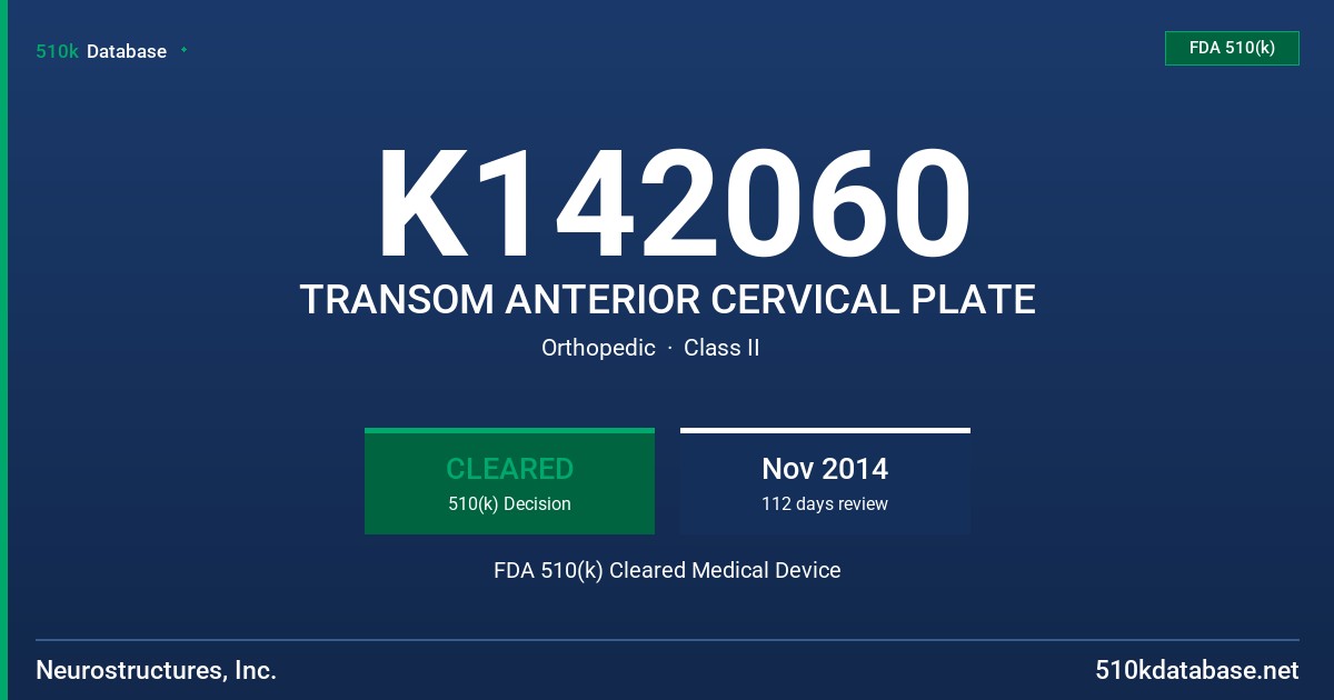 K142060 TRANSOM ANTERIOR CERVICAL PLATE FDA 510(k) Cleared Medical Device