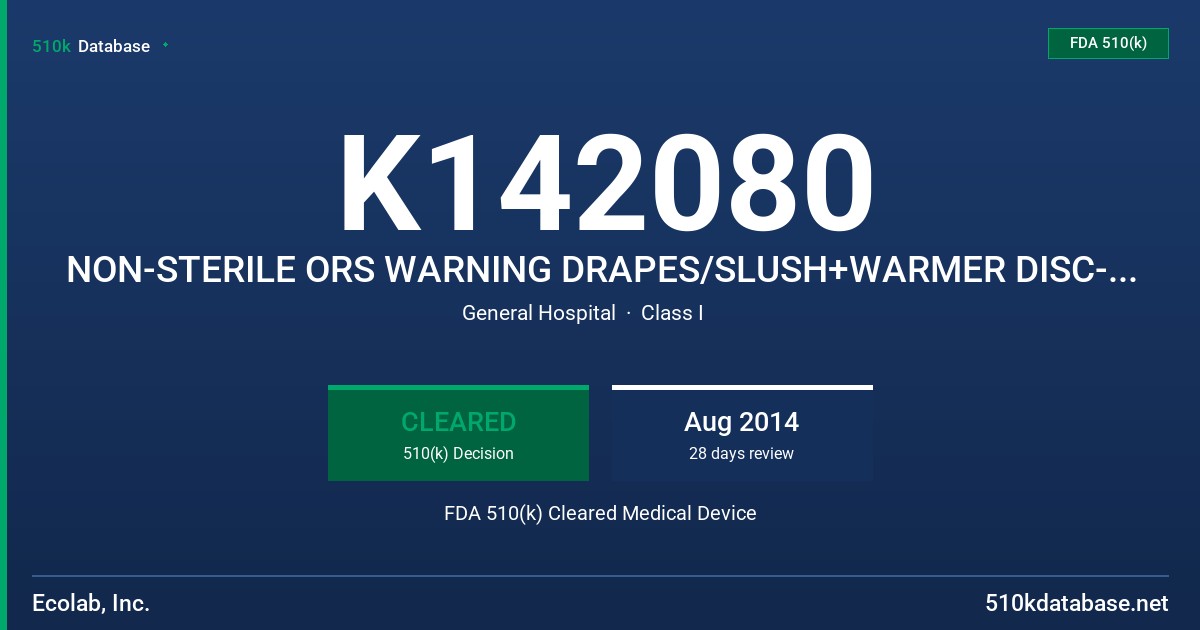 K142080 NON-STERILE ORS WARNING DRAPES/SLUSH+WARMER DISC-DRAPE/SLUSH+WARMER PALTE-DRAPE /FLUID WARMER DRAPE,SKIRTED FDA 510(k) Cleared Medical Device