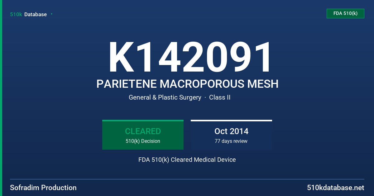 K142091 PARIETENE MACROPOROUS MESH FDA 510(k) Cleared Medical Device