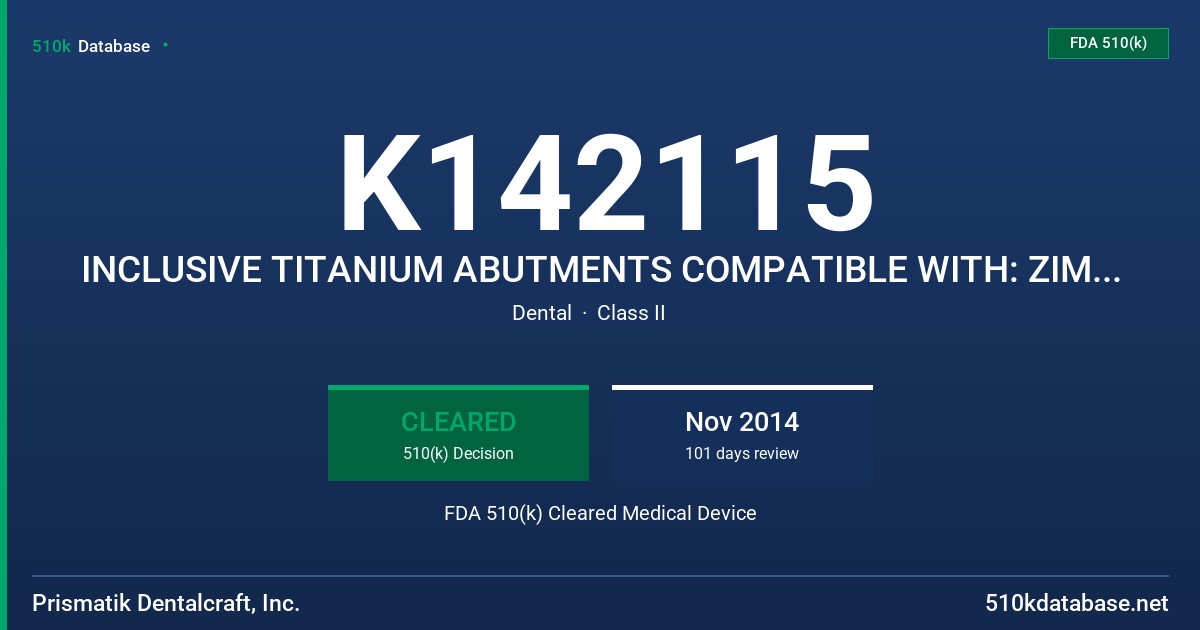 K142115 INCLUSIVE TITANIUM ABUTMENTS COMPATIBLE WITH: ZIMMER, BIOMET 3I, AND NOBEL BIOCARE IMPLANT FDA 510(k) Cleared Medical Device