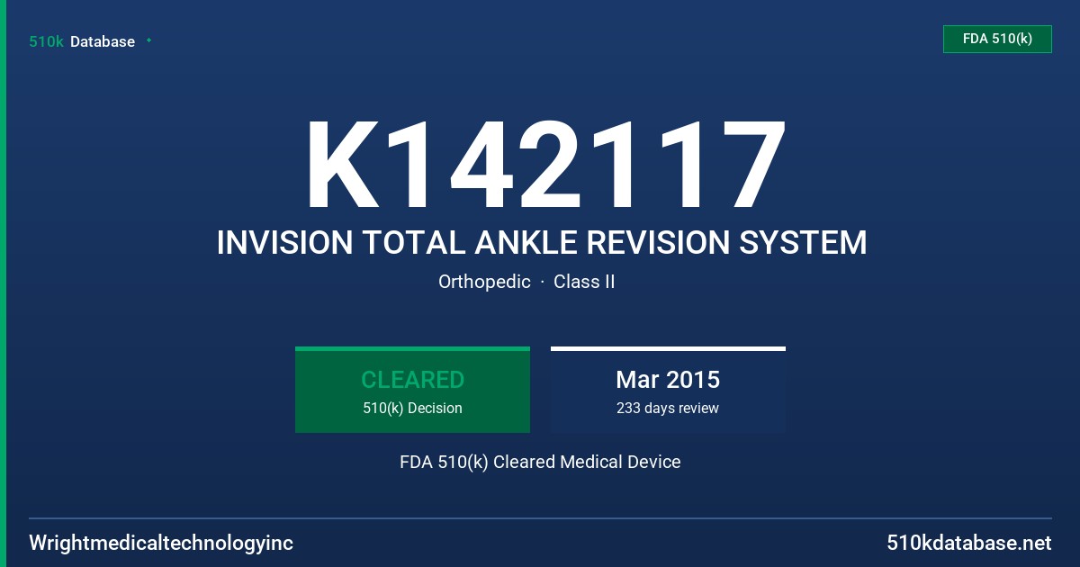 K142117 INVISION TOTAL ANKLE REVISION SYSTEM FDA 510(k) Cleared Medical Device