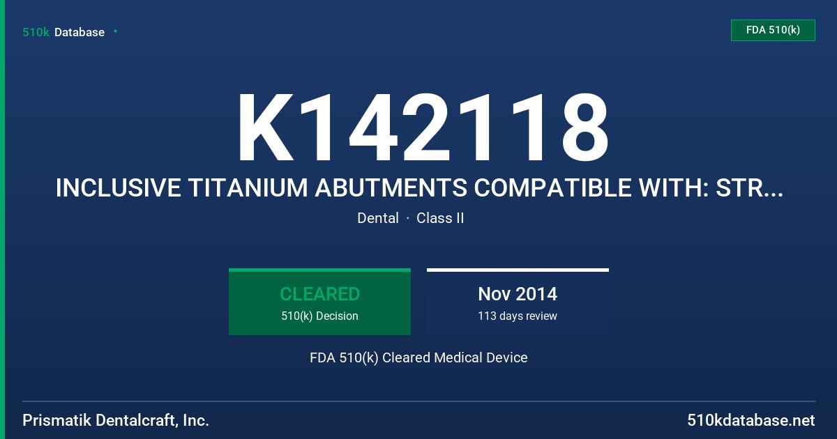 K142118 INCLUSIVE TITANIUM ABUTMENTS COMPATIBLE WITH: STRAUMANN BONE LEVEL, NOBEL BIOCARE BRANAE FDA 510(k) Cleared Medical Device