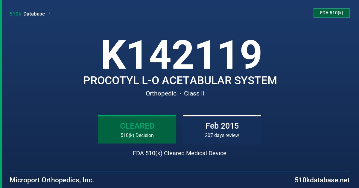 K142119 PROCOTYL L-O ACETABULAR SYSTEM FDA 510(k) Cleared Medical Device