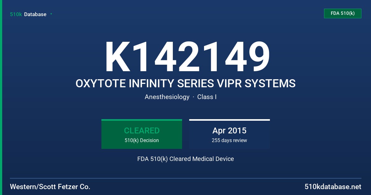 K142149 OXYTOTE INFINITY SERIES VIPR SYSTEMS FDA 510(k) Cleared Medical Device