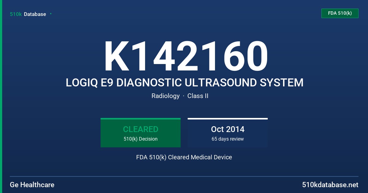 K142160 LOGIQ E9 DIAGNOSTIC ULTRASOUND SYSTEM FDA 510(k) Cleared Medical Device