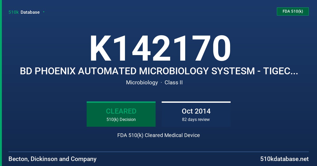 K142170 BD PHOENIX AUTOMATED MICROBIOLOGY SYSTESM - TIGECYCLINE (0.313-4UG/ML) GP FDA 510(k) Cleared Medical Device