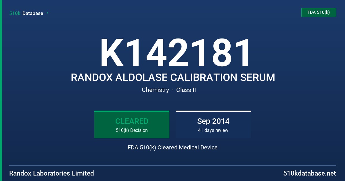 K142181 RANDOX ALDOLASE CALIBRATION SERUM FDA 510(k) Cleared Medical Device