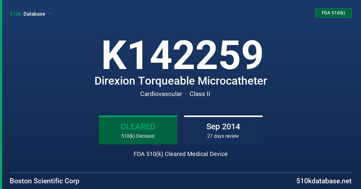 K142259 Direxion Torqueable Microcatheter FDA 510(k) Cleared Medical Device