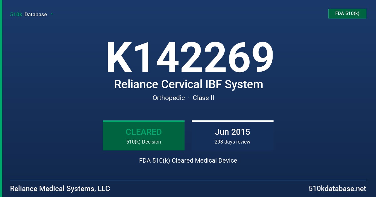 K142269 Reliance Cervical IBF System FDA 510(k) Cleared Medical Device
