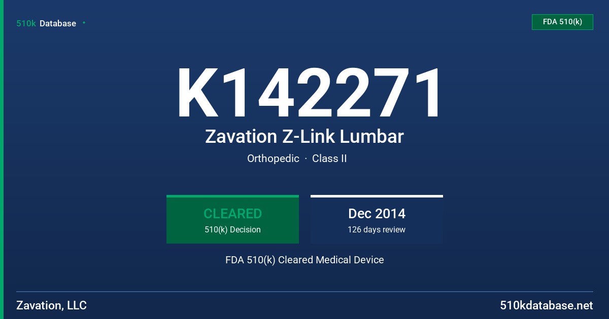 K142271 Zavation Z-Link Lumbar FDA 510(k) Cleared Medical Device
