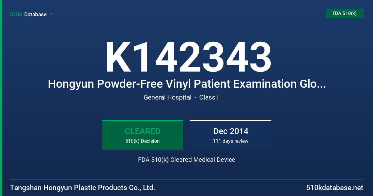 K142343 Hongyun Powder-Free Vinyl Patient Examination Gloves, Clear( Non-colored) FDA 510(k) Cleared Medical Device
