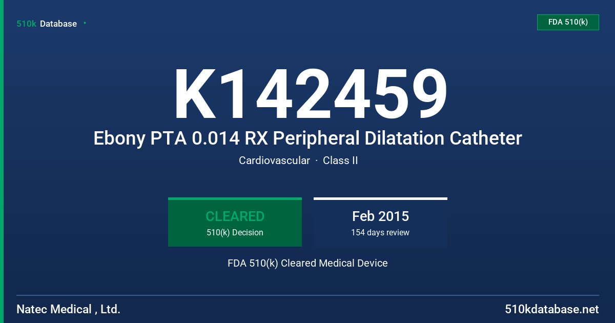K142459 Ebony PTA 0.014 RX Peripheral Dilatation Catheter FDA 510(k) Cleared Medical Device