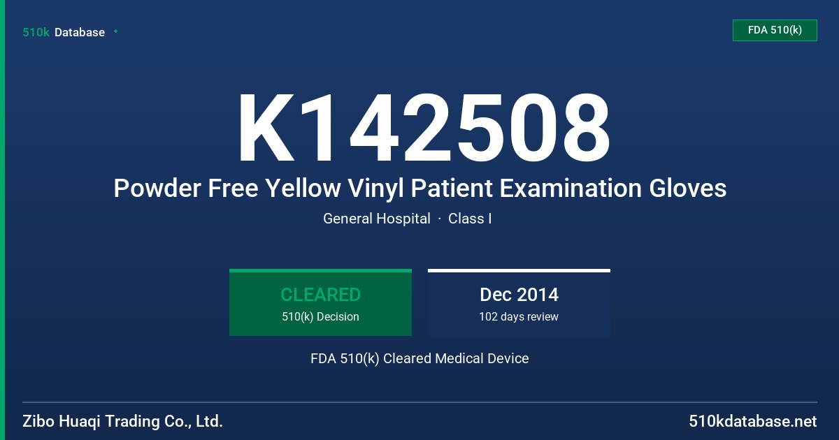 K142508 Powder Free Yellow Vinyl Patient Examination Gloves FDA 510(k) Cleared Medical Device