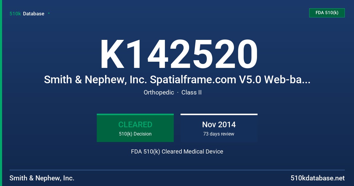 K142520 Smith & Nephew, Inc. Spatialframe.com V5.0 Web-based software FDA 510(k) Cleared Medical Device