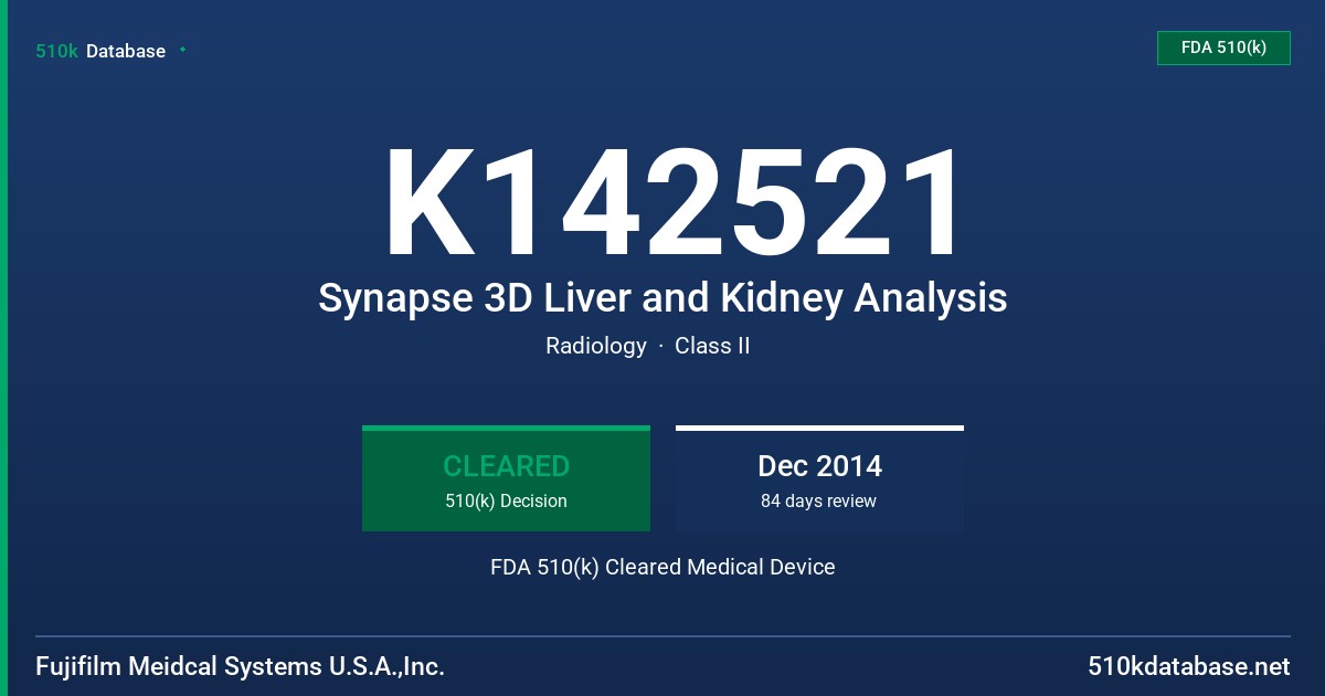 K142521 Synapse 3D Liver and Kidney Analysis FDA 510(k) Cleared Medical Device