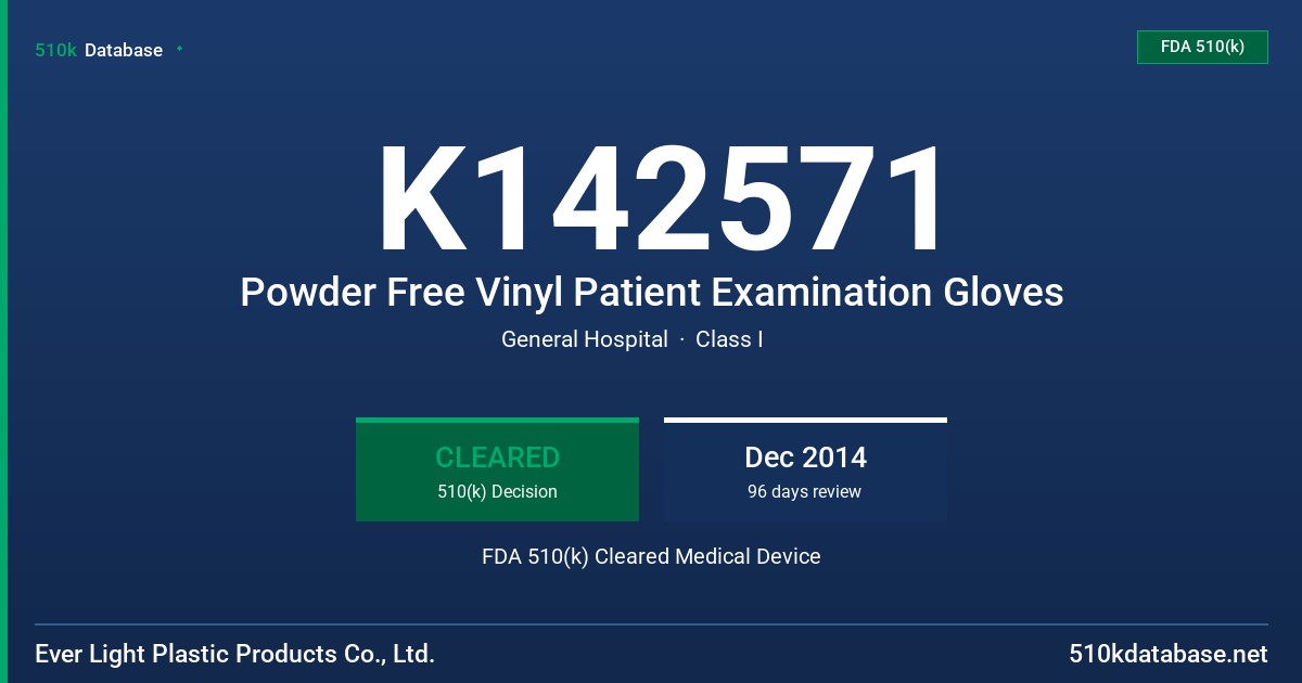 K142571 Powder Free Vinyl Patient Examination Gloves FDA 510(k) Cleared Medical Device