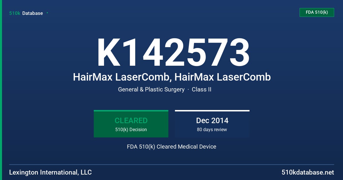 K142573 HairMax LaserComb, HairMax LaserComb FDA 510(k) Cleared Medical Device