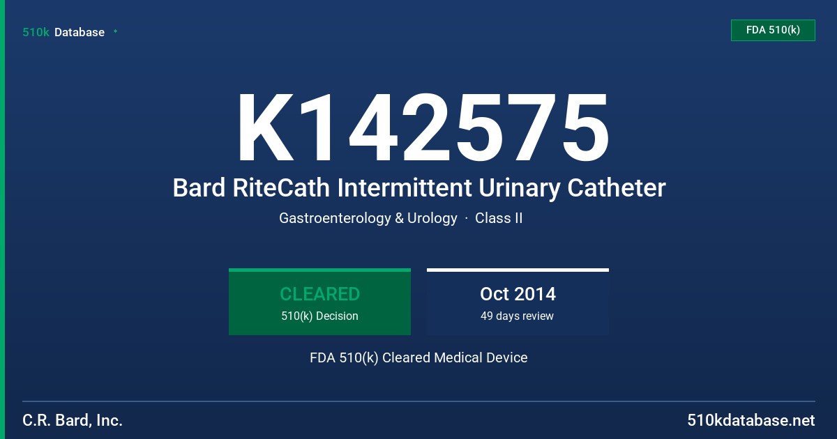 K142575 Bard RiteCath Intermittent Urinary Catheter FDA 510(k) Cleared Medical Device