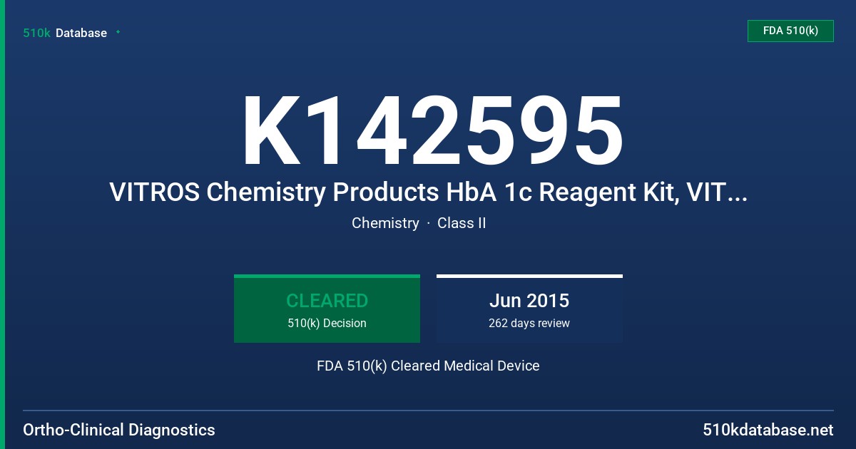 K142595 VITROS Chemistry Products HbA 1c Reagent Kit, VITROS Calibrator Kit 31, VITROS Chemistry Products %A1c Performance Verifiers I and II FDA 510(k) Cleared Medical Device