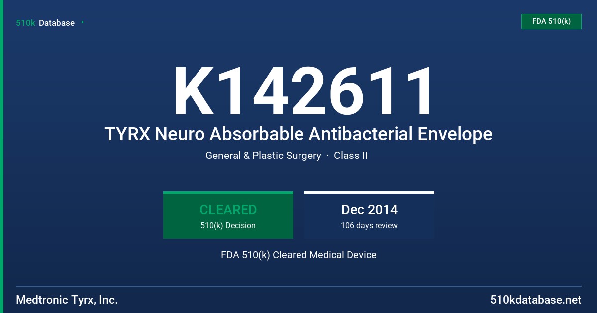 K142611 TYRX Neuro Absorbable Antibacterial Envelope FDA 510(k) Cleared Medical Device