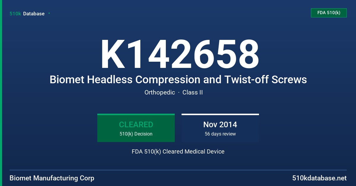 K142658 Biomet Headless Compression and Twist-off Screws FDA 510(k) Cleared Medical Device