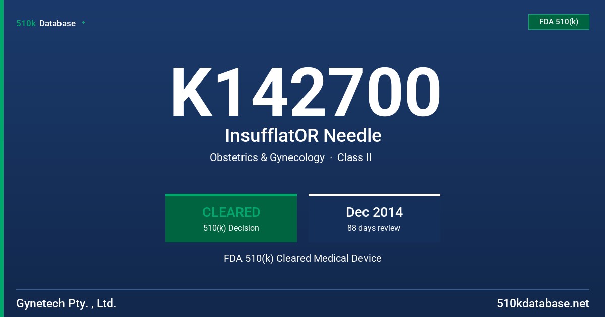 K142700 InsufflatOR Needle FDA 510(k) Cleared Medical Device