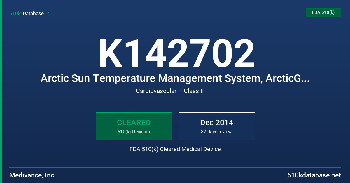 K142702 Arctic Sun Temperature Management System, ArcticGel Pads (Universal, XXS, XS, S, M and L), Small Universal ArcticGel Pad, Neonatal ArcticGel Pad FDA 510(k) Cleared Medical Device