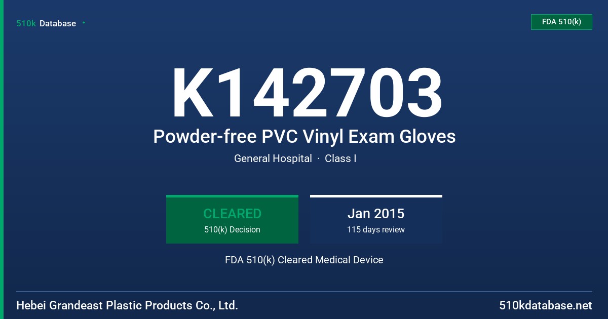 K142703 Powder-free PVC Vinyl Exam Gloves FDA 510(k) Cleared Medical Device