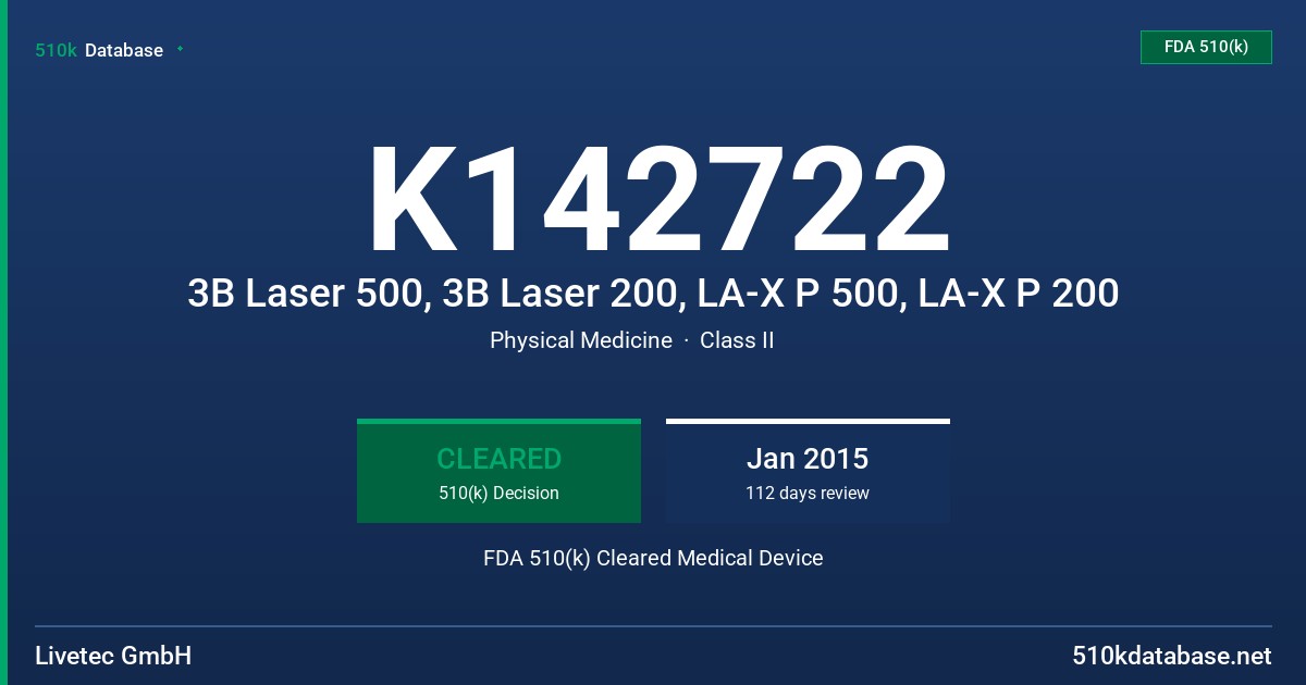K142722 3B Laser 500, 3B Laser 200, LA-X P 500, LA-X P 200 FDA 510(k) Cleared Medical Device