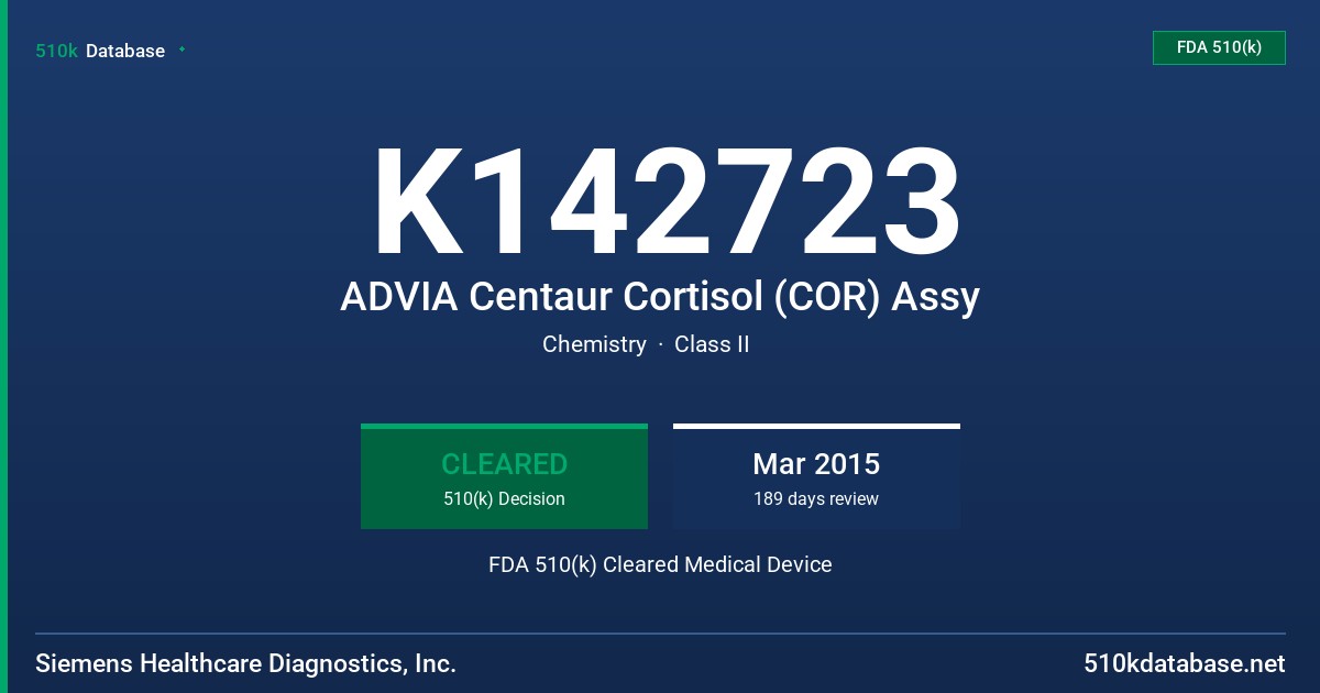 K142723 ADVIA Centaur Cortisol (COR) Assy FDA 510(k) Cleared Medical Device