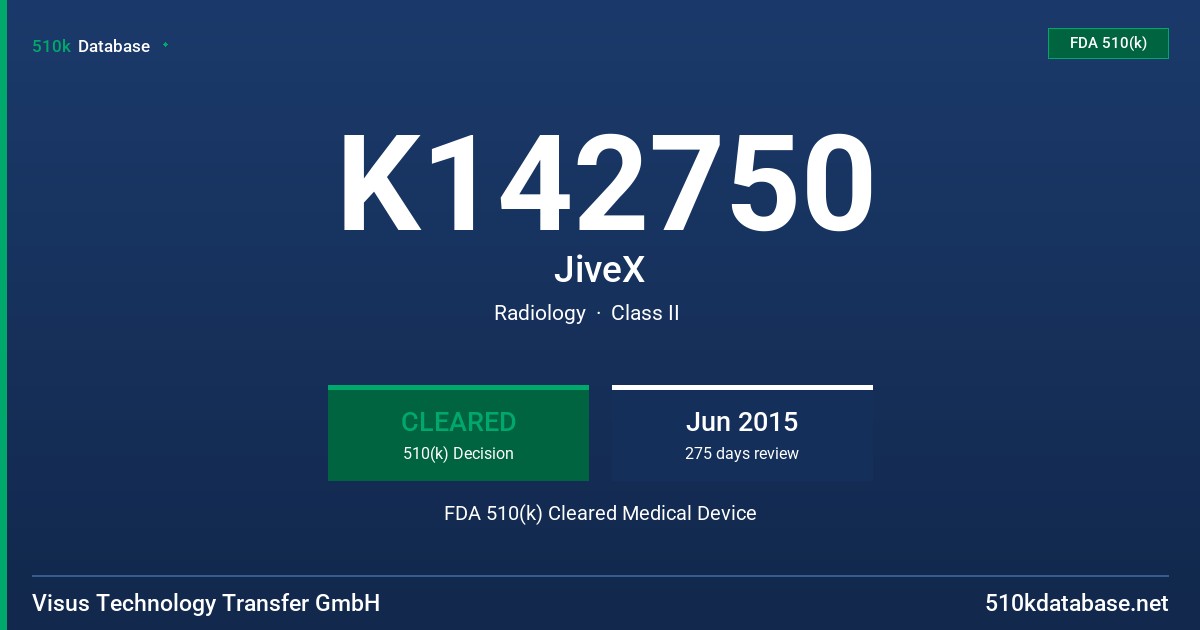 K142750 JiveX FDA 510(k) Cleared Medical Device