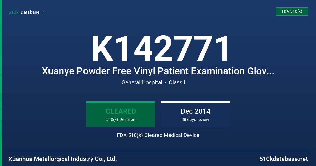 K142771 Xuanye Powder Free Vinyl Patient Examination Gloves, Clear (non-colored) FDA 510(k) Cleared Medical Device