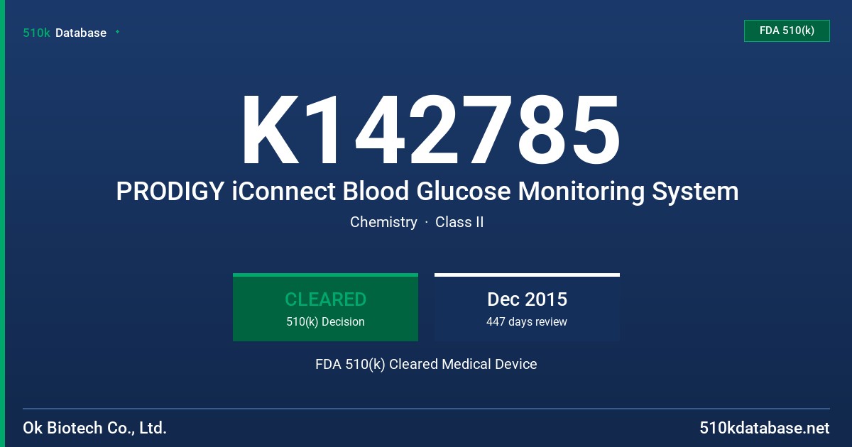 K142785 PRODIGY iConnect Blood Glucose Monitoring System FDA 510(k) Cleared Medical Device