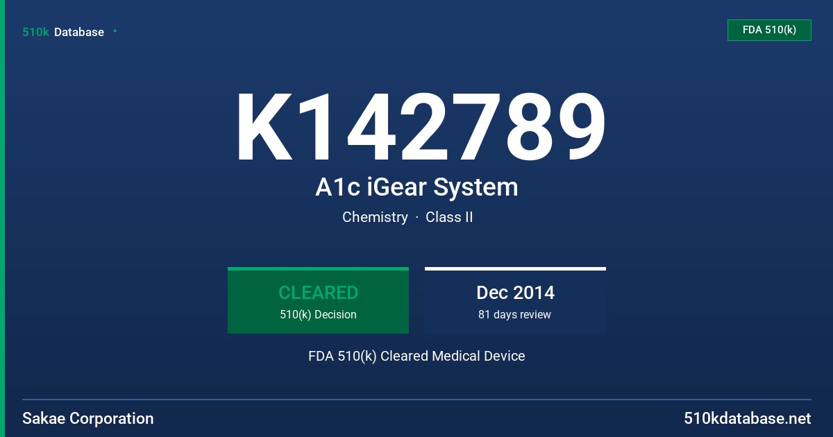 K142789 A1c iGear System FDA 510(k) Cleared Medical Device