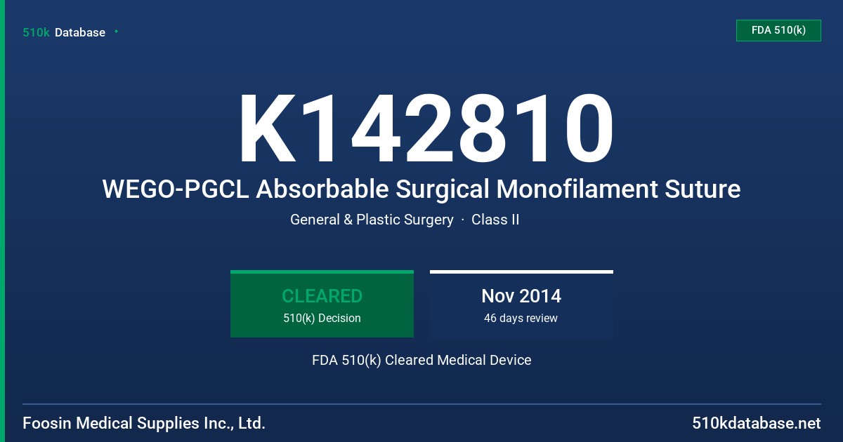K142810 WEGO-PGCL Absorbable Surgical Monofilament Suture FDA 510(k) Cleared Medical Device