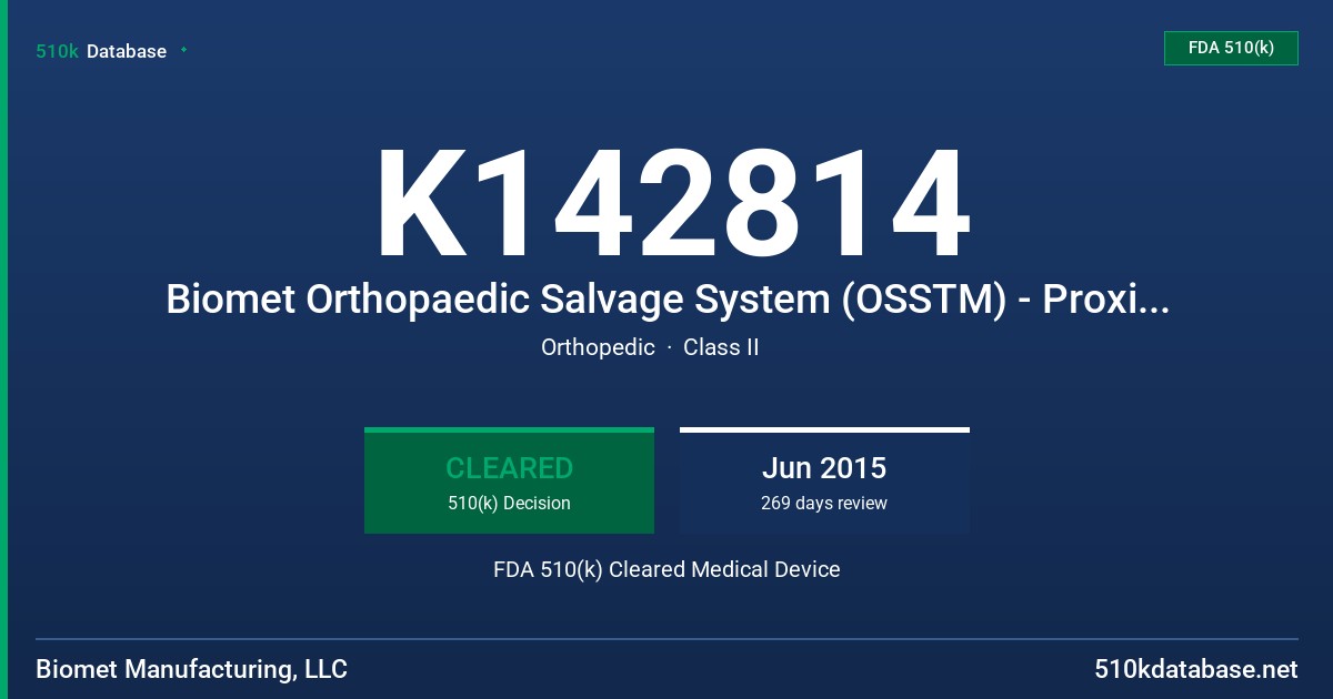 K142814 Biomet Orthopaedic Salvage System (OSSTM) - Proximal Femoral & Hybrid Tibial FDA 510(k) Cleared Medical Device