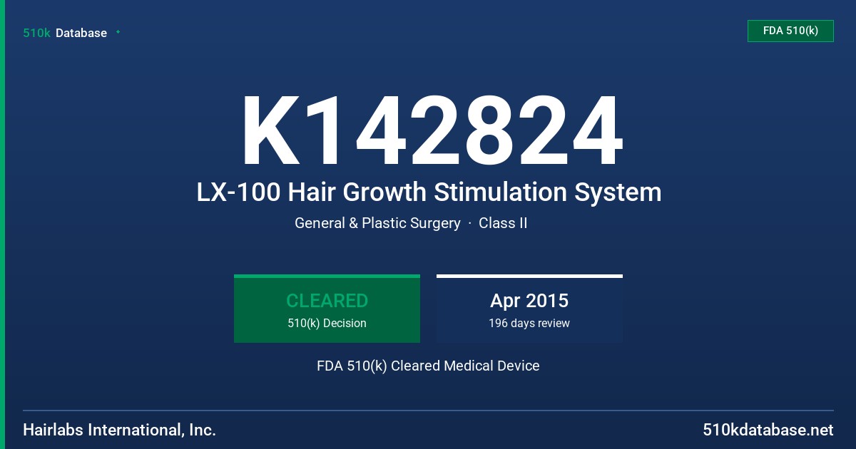 K142824 LX-100 Hair Growth Stimulation System FDA 510(k) Cleared Medical Device