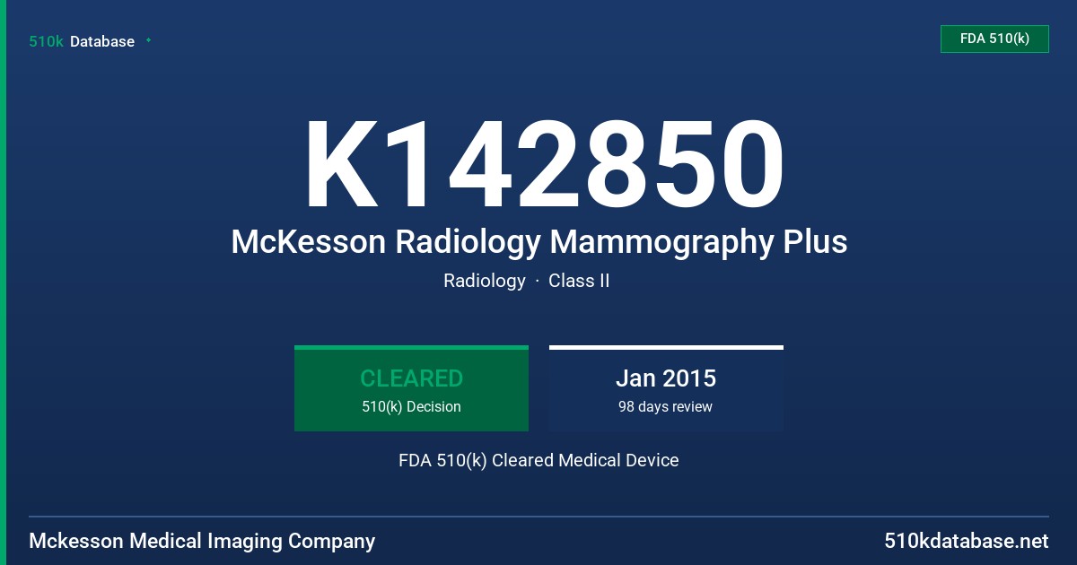K142850 McKesson Radiology Mammography Plus FDA 510(k) Cleared Medical Device