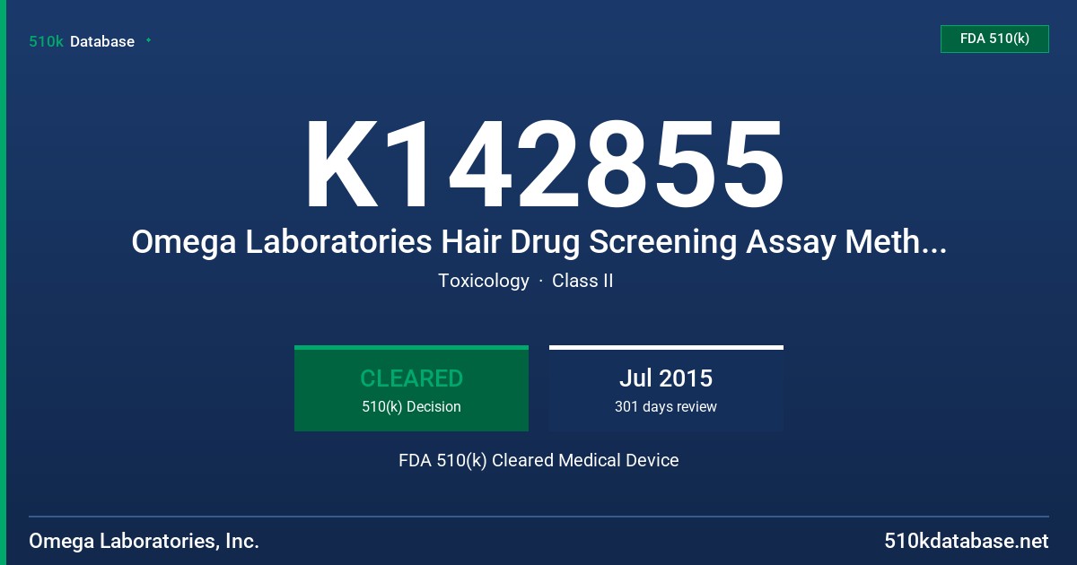 K142855 Omega Laboratories Hair Drug Screening Assay Methamphetamine (Meth) and -3, 4-methylenedioxymethamphetamine (MDMA) FDA 510(k) Cleared Medical Device