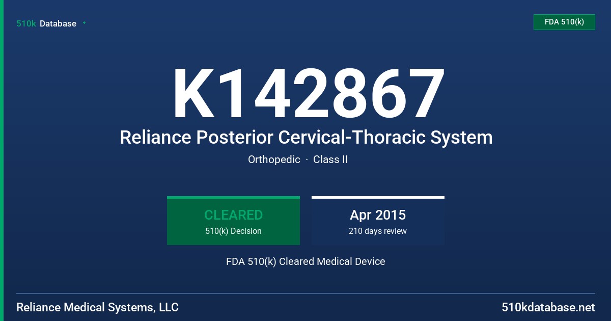 K142867 Reliance Posterior Cervical-Thoracic System FDA 510(k) Cleared Medical Device