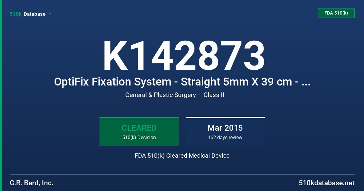 K142873 OptiFix Fixation System - Straight 5mm X 39 cm - 30 absorbable fasteners, OptiFix Fixation System - Straight 5mm x 39 cm - 15 absorbable fasteners FDA 510(k) Cleared Medical Device