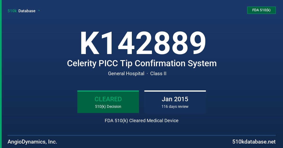 K142889 Celerity PICC Tip Confirmation System FDA 510(k) Cleared Medical Device