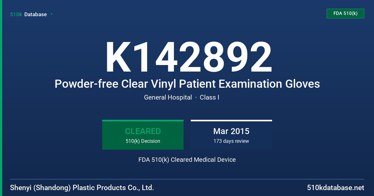 K142892 Powder-free Clear Vinyl Patient Examination Gloves FDA 510(k) Cleared Medical Device
