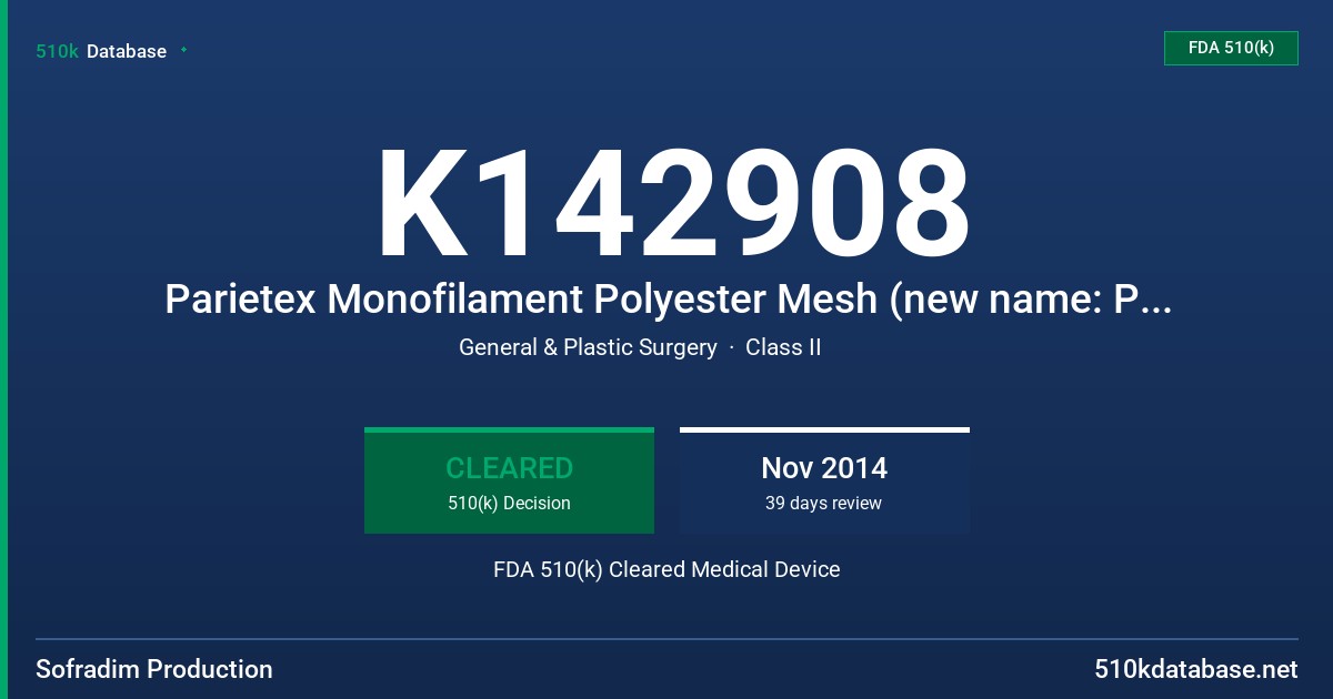 K142908 Parietex Monofilament Polyester Mesh (new name: Parietex Lightweight Mesh), Parietex Composite Mono PM Mesh (new name: Parietex Composite Parastomal Mesh), Parietex Composite Ventral Patch, Symbotex Composite Mesh FDA 510(k) Cleared Medical Device