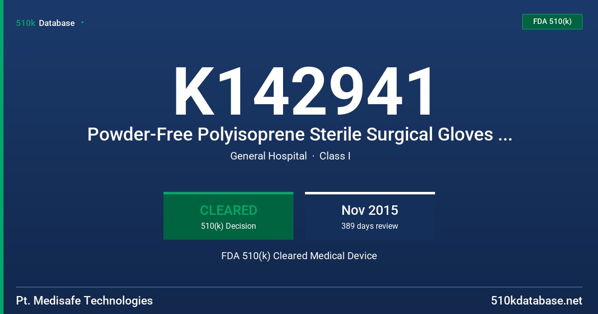 K142941 Powder-Free Polyisoprene Sterile Surgical Gloves in White Color Tested for Use with Chemotherapy Drugs, Powder-Free Polyisoprene Sterile Surgical Gloves in Green Color. FDA 510(k) Cleared Medical Device