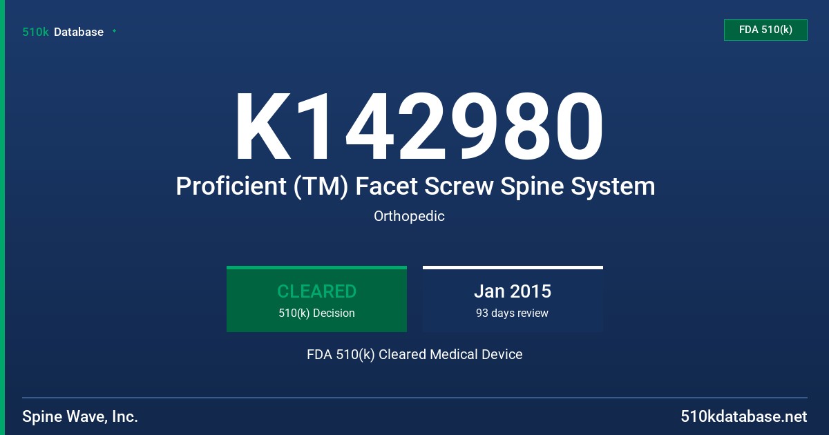 K142980 Proficient (TM) Facet Screw Spine System FDA 510(k) Cleared Medical Device